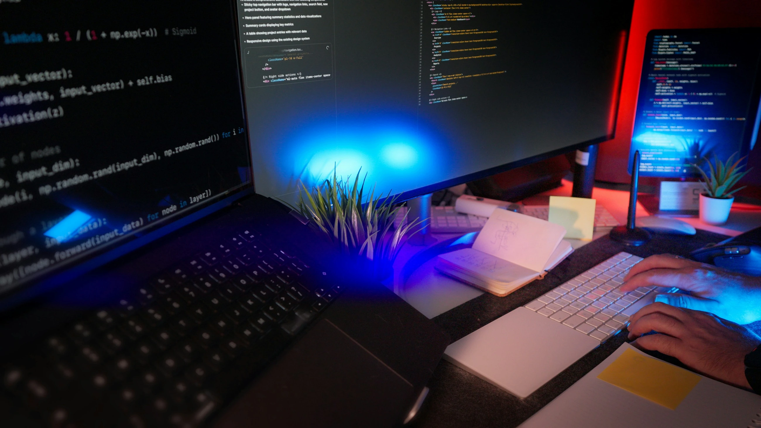 Een ontwikkelaar werkt aan software op meerdere computerschermen.