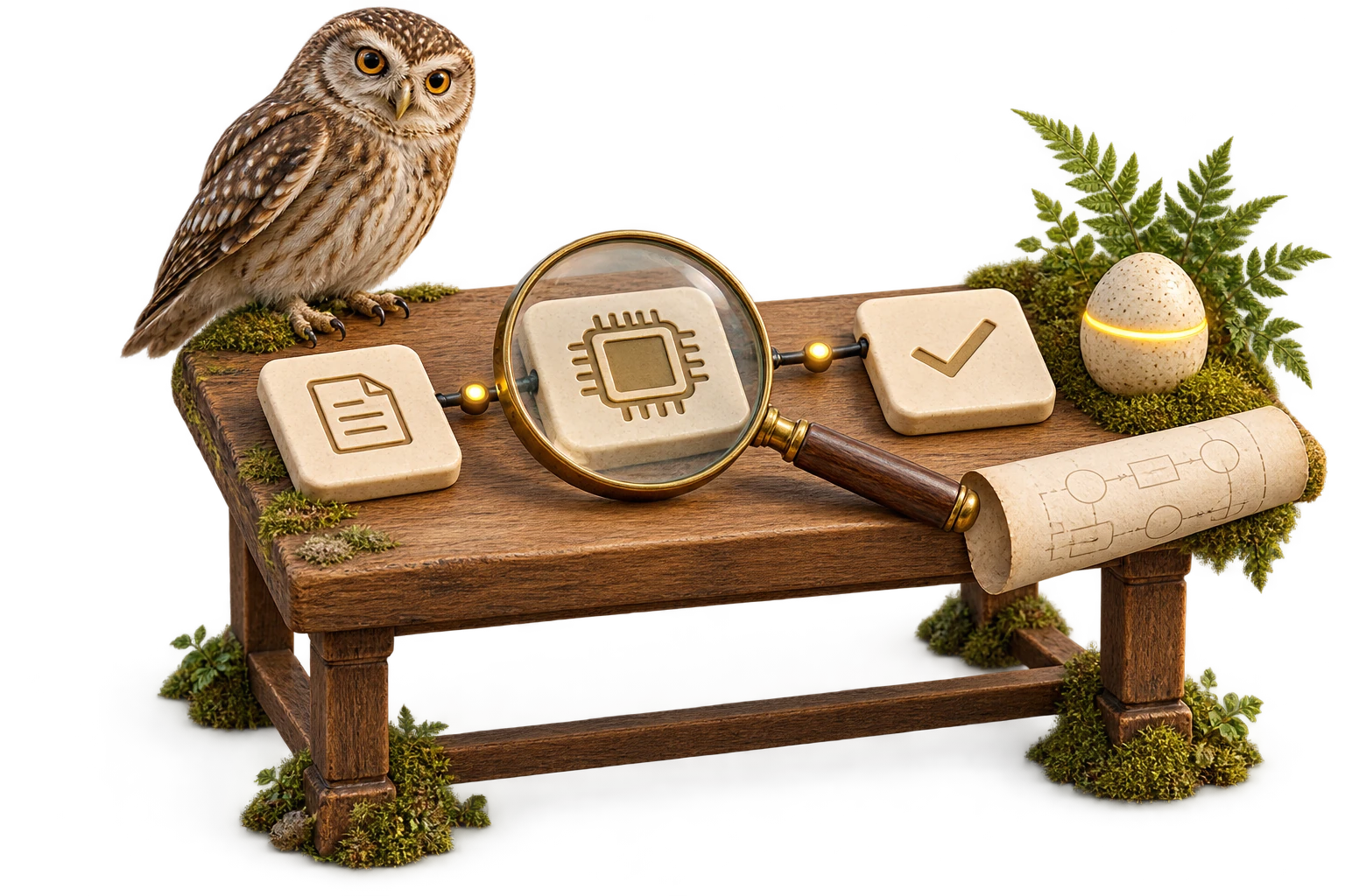 Een uil bij een houten werktafel met verbonden proceskaarten, een vergrootglas en een gloeiend ei