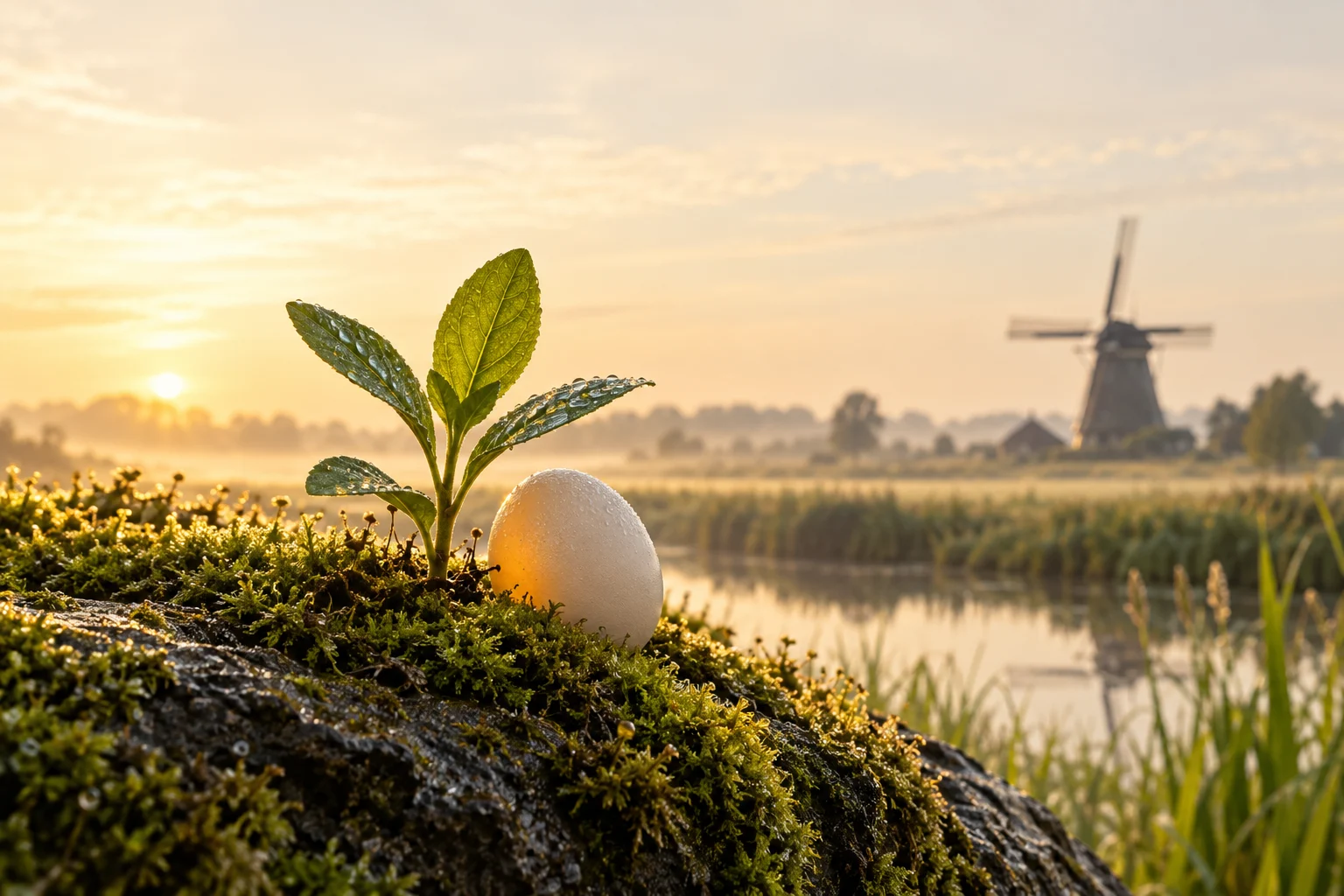 Jong groen en een ei in het Nederlandse landschap bij ochtendlicht